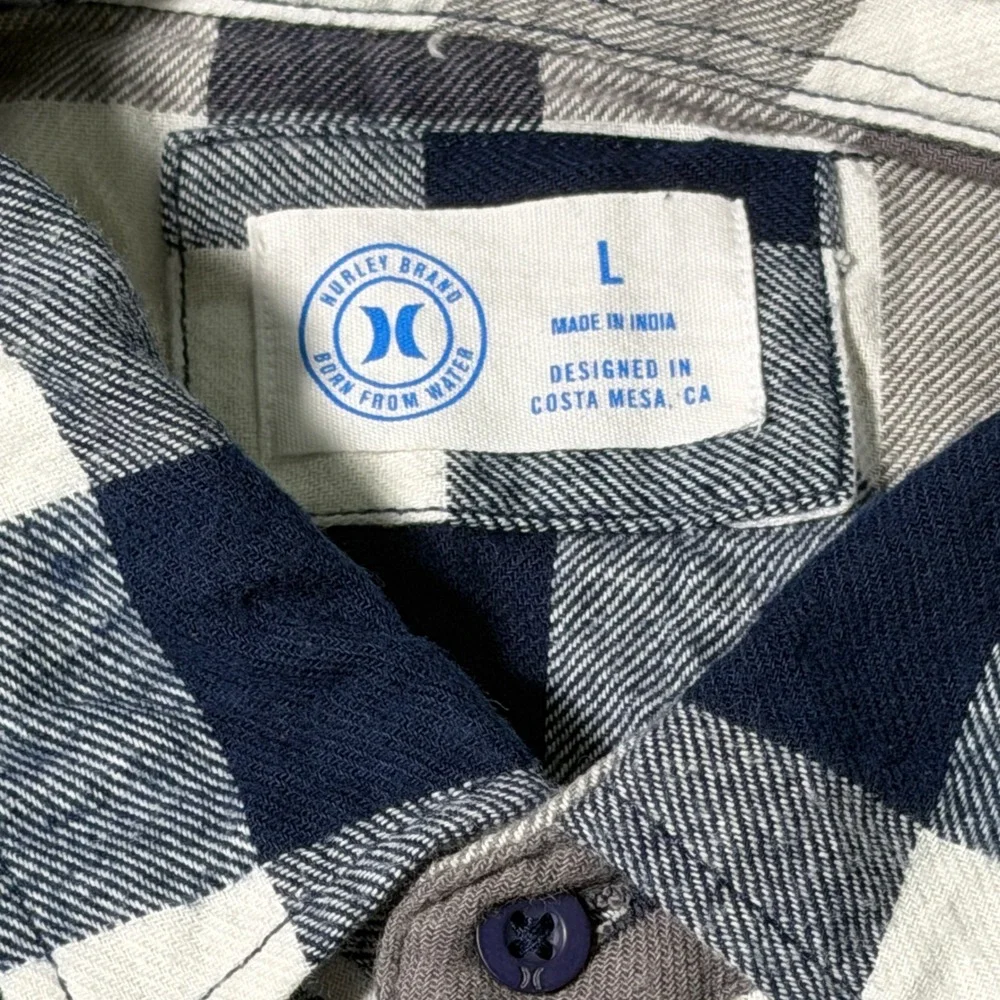 Hurley Mens Large Navy Blue Grey Plaid Long Sleeve Button Down Flannel Shirt L